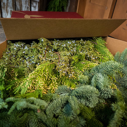 Close up loosely boxed 14 lbs of Noble Fir in 6"-24” length pieces, 3 lbs of Incense Cedar in 6" - 18" length pieces, and 3 lbs of Juniper in 6" - 12" length pieces laying on a front porch.