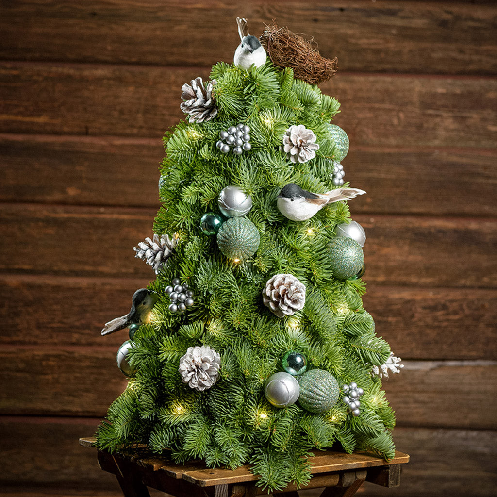 18" tree made of noble fir, glittery mint and silver ball clusters, silver berry clusters, frosted Austrian pinecones, small Chickadee birds, a bird’s nest, and a strand of warm white lights with a dark wood background.