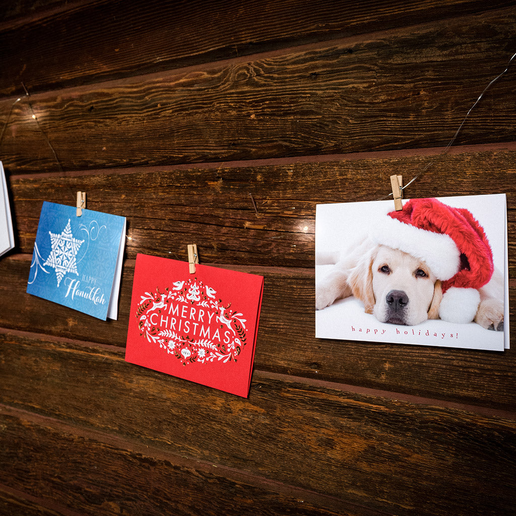 10-foot strand of white lights and holiday greeting cards hanging from mini wood clothespins with a dark wooden background.