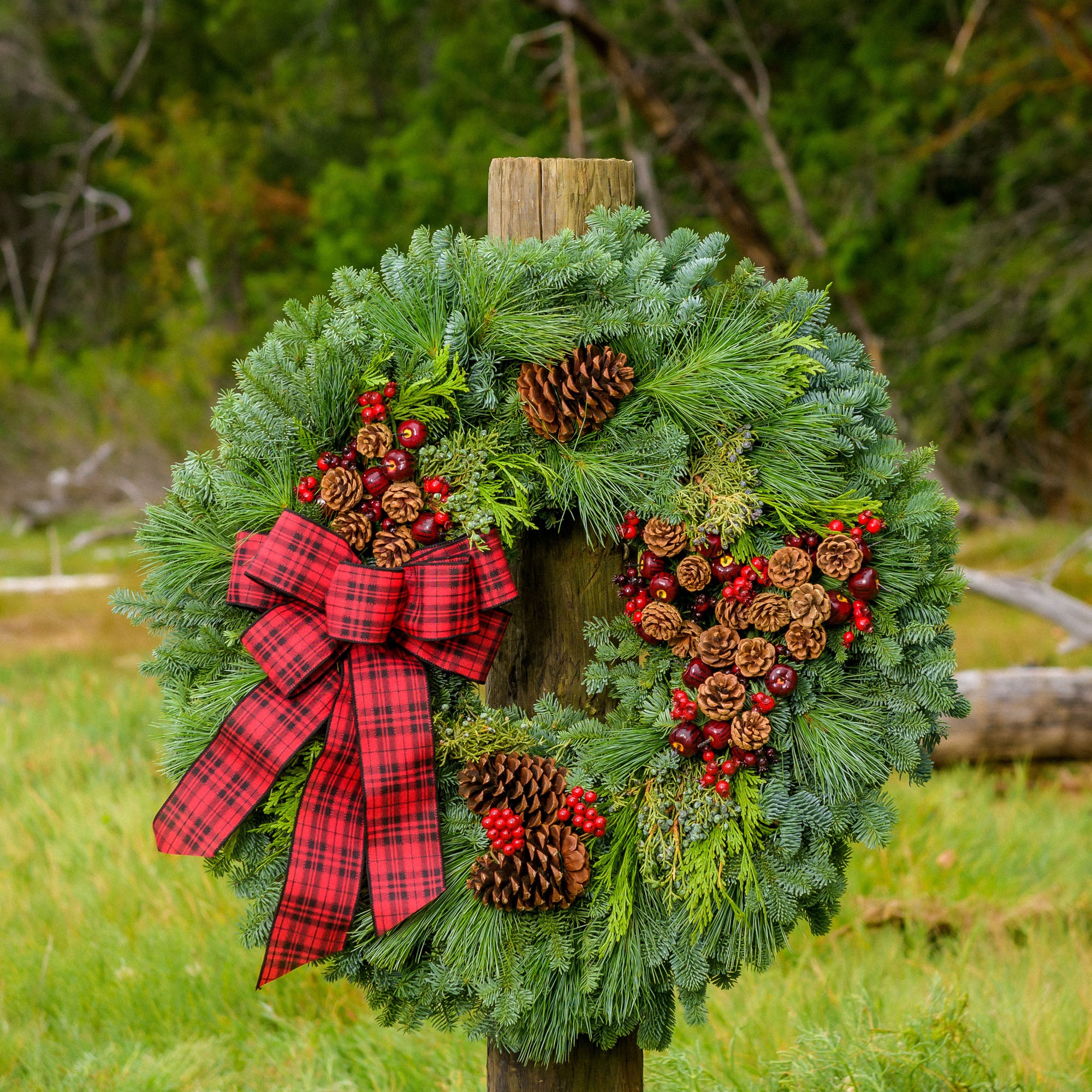 Christmas wreath made with fir, pine, cedar, juniper, pine cones, apples & berries & a red and black plaid bow on wood post