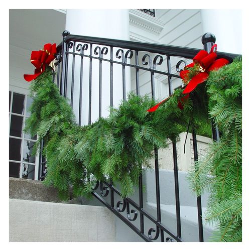 Fresh Douglas Fir Garland hung on wrought iron railing