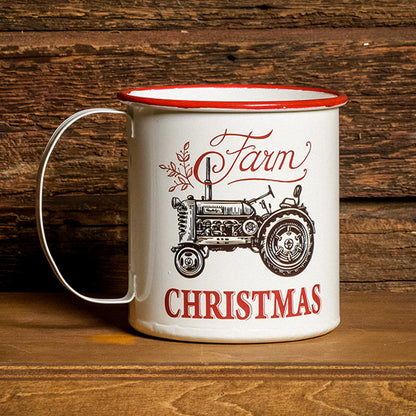 A 6.25" white “Farm Christmas” mug sitting on a shelf with a dark wooden background.