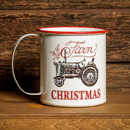 A 6.25" white “Farm Christmas” mug sitting on a shelf with a dark wooden background.