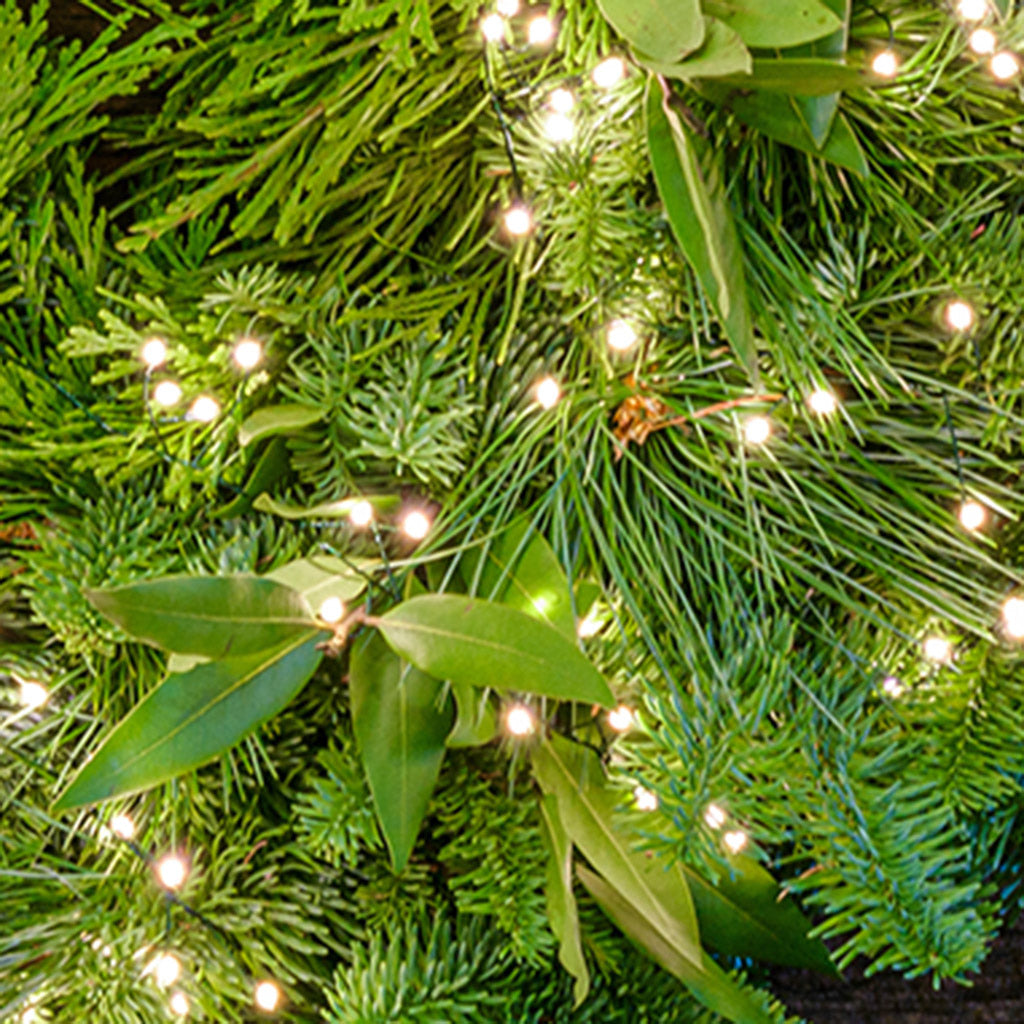 Close up of illuminated white, uniquely-shaped, battery operated lights on a evergreen wreath.