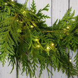 White, uniquely-shaped, battery operated lights on cedar garland with a white wood background.