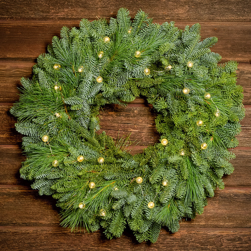 White, globe shaped, clear glass battery operated lights on a evergreen wreath hung a dark wood background.