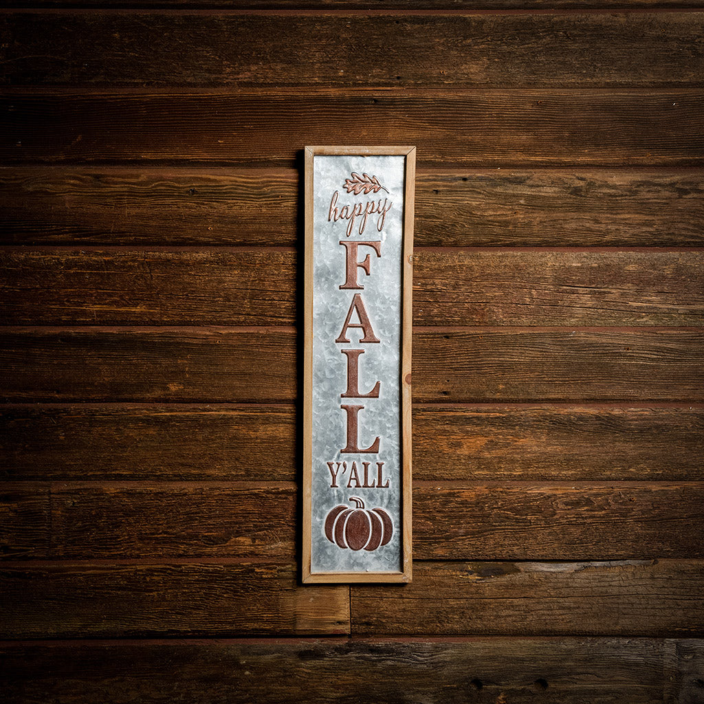 Happy Fall Y'all 27 inch metal and wood sign hung on a dark wooden background.