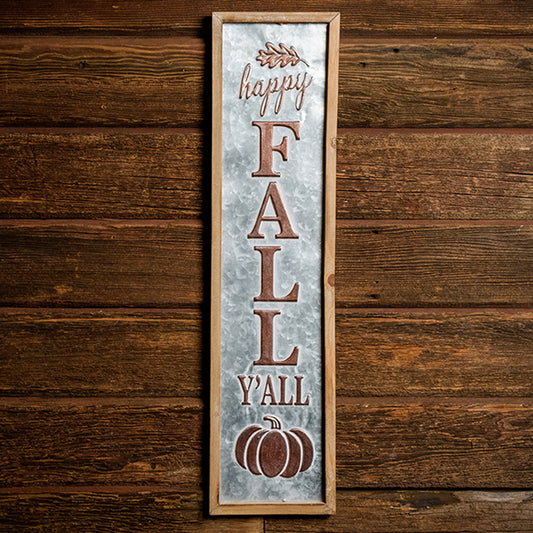 Happy Fall Y'all 27 inch metal and wood sign hung on a dark wooden background.