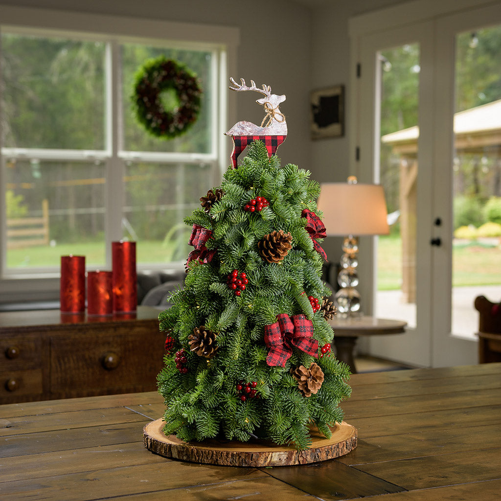 A Table top tree made of noble fir with 8 Australian Cones, 12 red berry clusters, 6 small Tartan bows, and a wooden reindeer sitting on a wood round on a table. 