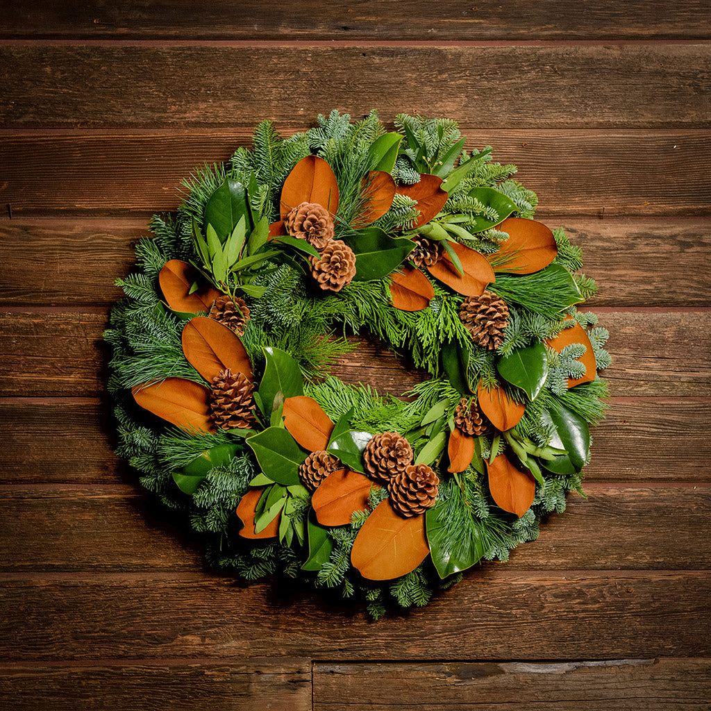 Holiday wreath made of noble fir, cedar, and pine with bay and magnolia leaves, ponderosa pine cones, and Australian pine cones with a dark wood backgound.