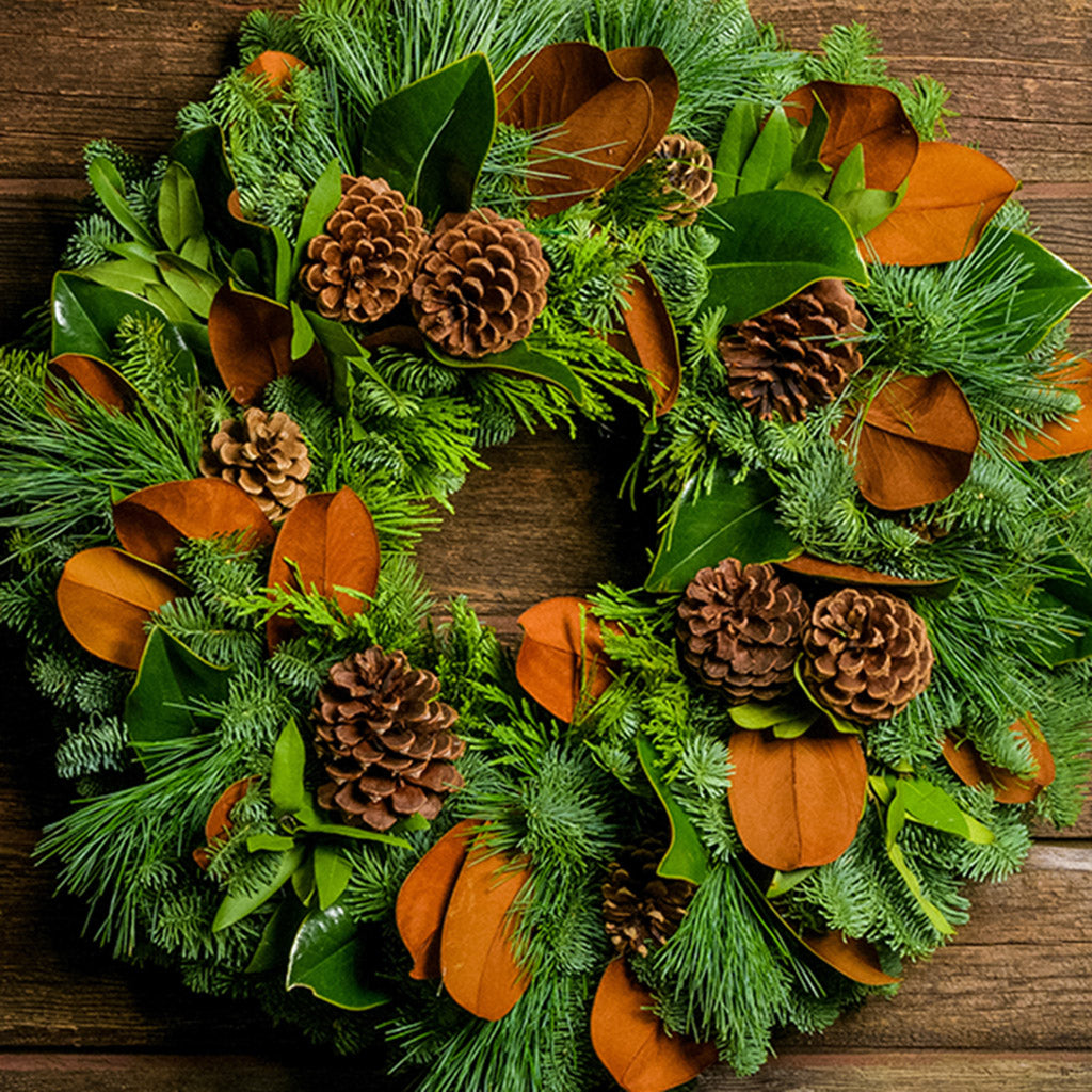 Holiday wreath made of noble fir, cedar, and pine with bay and magnolia leaves, ponderosa pine cones, and Australian pine cones up close