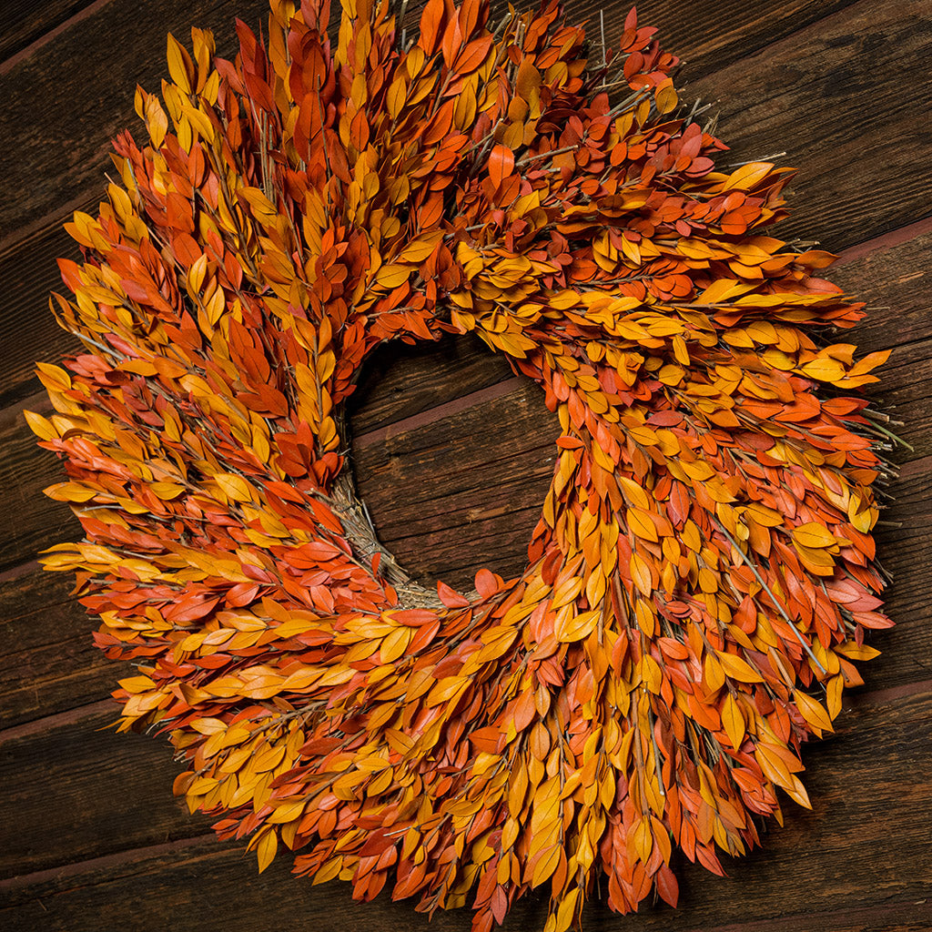 22” wreath made with a blend of yellow and orange myrtle on a dark wood background. 