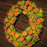 18" natural wreath made of real, dried cherry pumpkins and contrasting green reindeer moss. and grapevine accents on a dark wood background. 