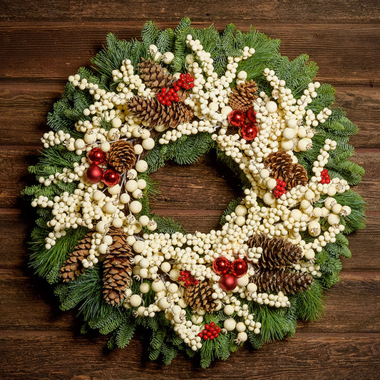 A wreath made of noble fir and pine with cream-colored berries, Australian pinecones, red ball ornaments, and red berry clusters on a dark wooden background.