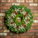 Holiday wreath made of noble fir, incense cedar, white pine, and bay leaf with faux white berries and leaves, and Australian pine cones hanging on a brick wall