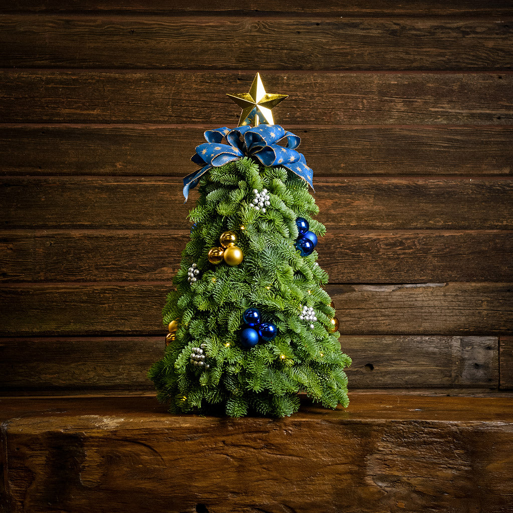 A table top tree made of noble fir with 4 gold ball clusters, 4 blue ball clusters, 8 silver berry clusters, a gold star tree-topper, and a blue starry bow with a wood background. 