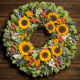 22" floral wreath made of  eucalyptus, yellow coxcomb, white statice, red globe amaranthus, salal leaves, and real sunflowers on a dark wood background.