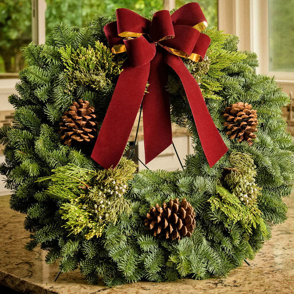 Christmas wreath made of fir, cedar, and juniper with pine cones and a burgundy with gold back bow on a counter.