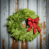 Fresh Evergreen Christmas wreath with cedar and pine and a brushed red bow on a rustic metal background.