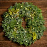 White, classic LED wreath lights, battery operated lights on a evergreen wreath